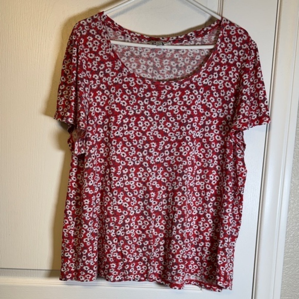 Lucky Brand Red White Floral Scoop Neck Shirt Blouse Size XL EUC #2227